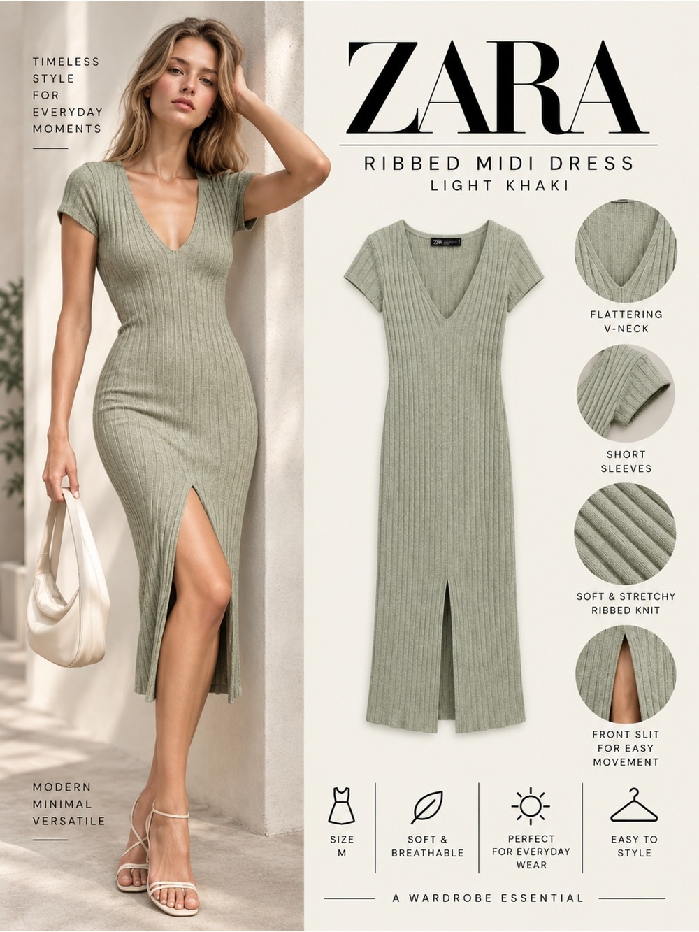 ZARA Light Khaki Ribbed V-Neck Midi Dress M NWT 7901/336